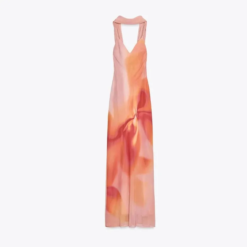 Elegante tie-dye gradiente impressão sling vestido longo com cachecol feminino férias sem mangas sem costas vestido de noite verão férias roupões