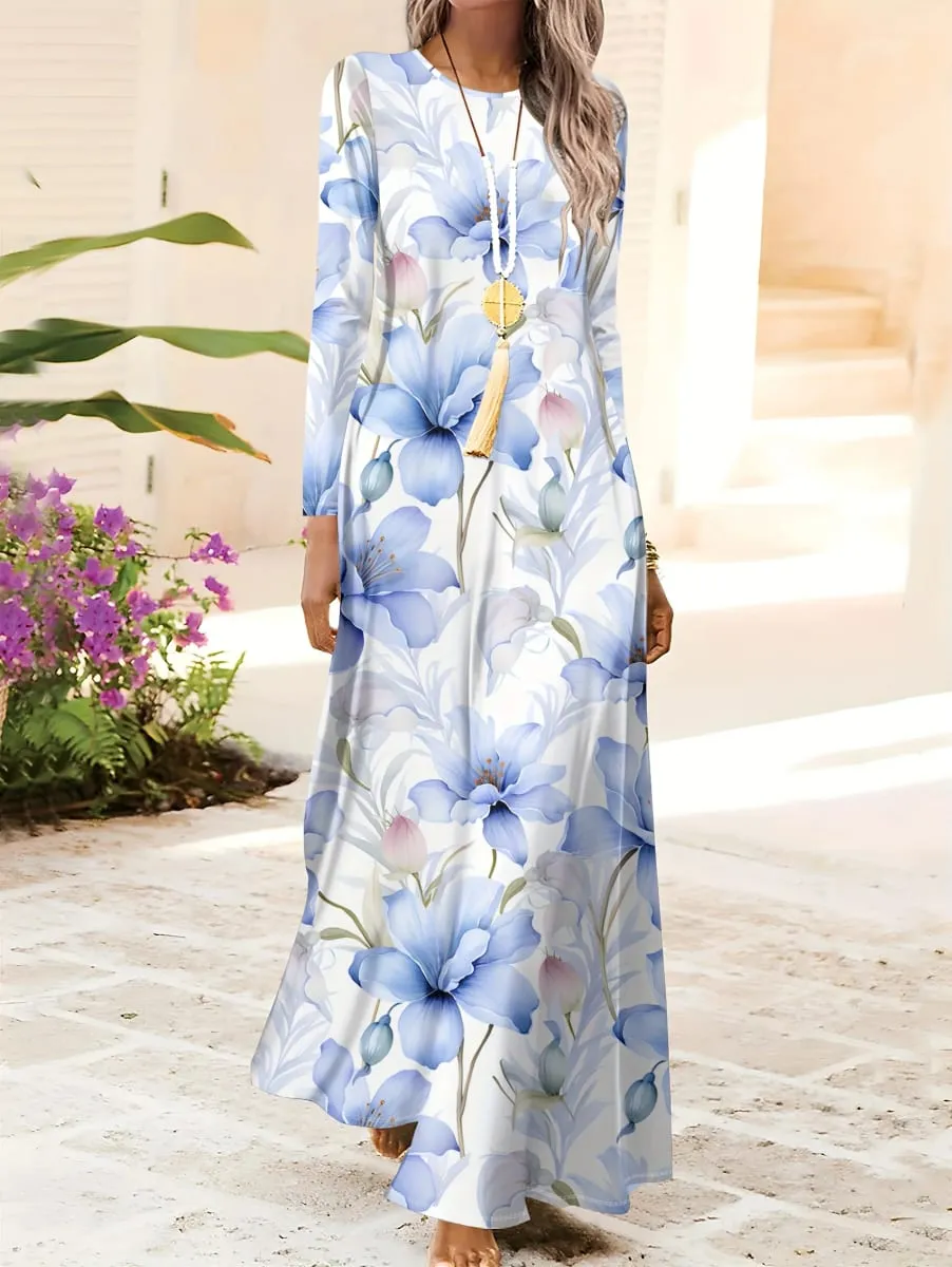 Bedrucktes Design im lässigen Stil, blaues Blumenmuster-Druckkleid für Damen — image 1