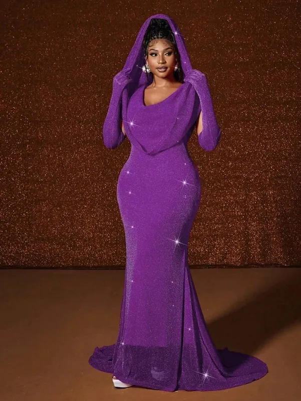 Plus size chapéu sexy cintura quente ouro peixe cauda balanço longo cor sólida fishtail pacote fino hip vestido com capuz