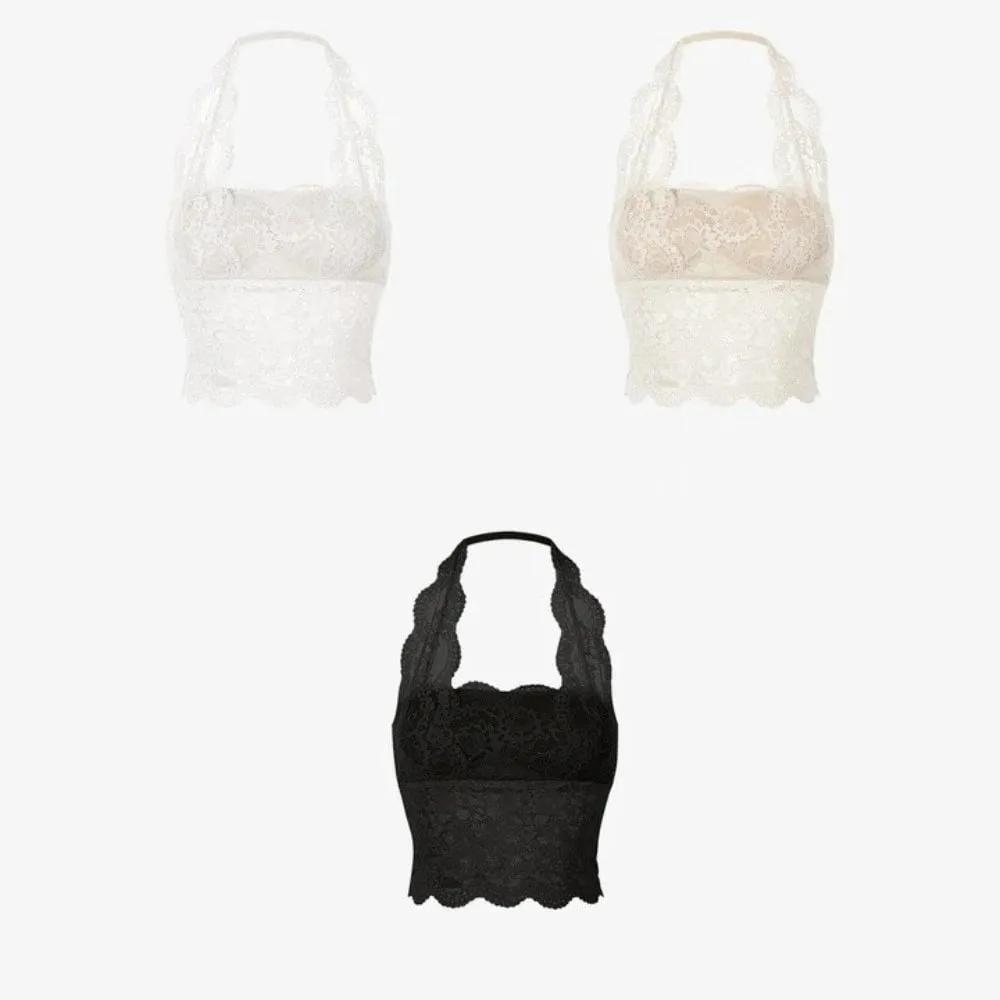 Chest Cushion Top Mesh Flower Lace Camisole Sleeveless Transparent Lace Crop Tops Bottoming Shirt Halter Neck Camisole Ladies — image 6