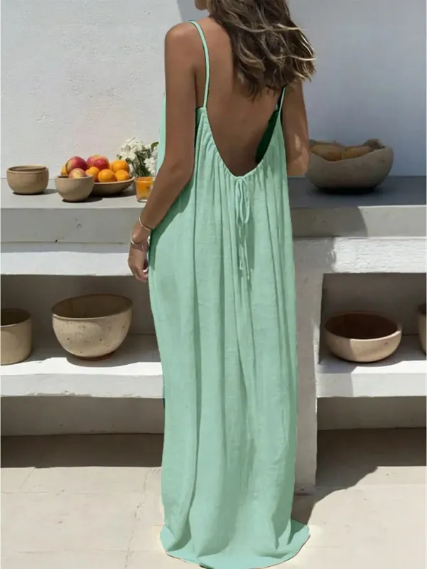 Malaking Sukat na Purong Kulay ng Pambabaeng Backless Lace-Up Mahabang Loose Casual Comfortable Camisole Dress — image 2
