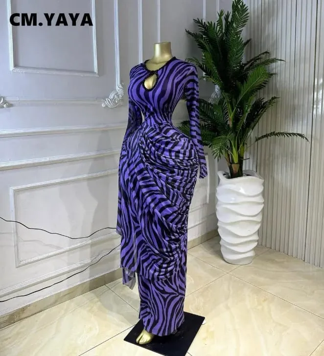 CM.YAYA band med randigt tryck för kvinnor Rynkad långärmad Bodycon Maxi långklänning 2026 Sexig födelsedagsfest Utbildning Trendiga klänningar — image 4