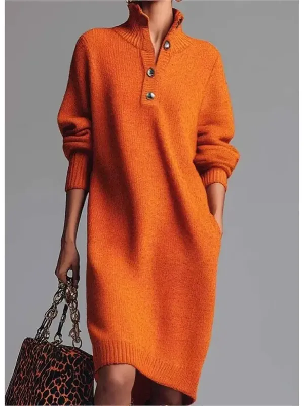 Autumn Fashion Knitted Button Lapel Women Dress Casual Loose Pocket Lazy Straight Over The Knee Long Sleeve Sweater FemaleDress — image 13