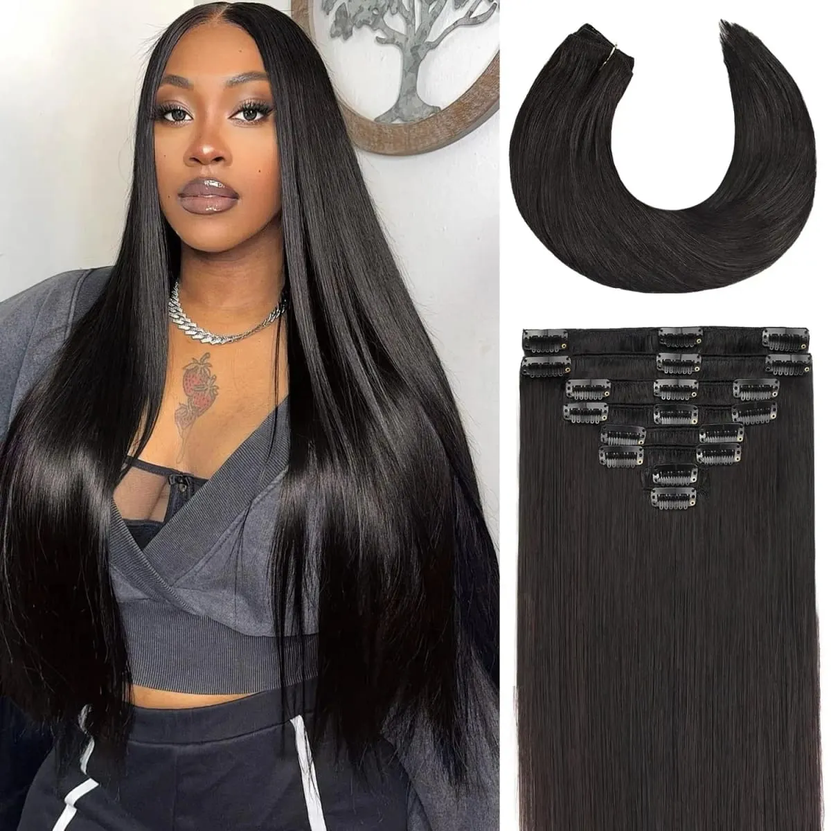 8pcs Clip In Hair Extensions Jet Black Straight Hair Rich Full Glossy Natural Finish For Various Looks 18 20 Inch