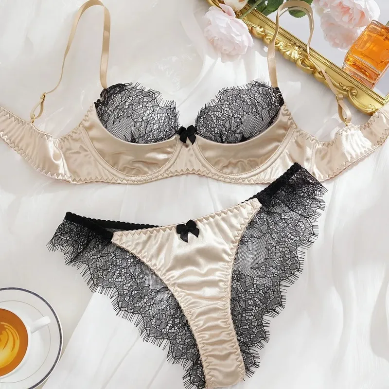 Tecido de cetim cílios rendas retalhos ultra fino sem forro conjuntos de sutiã roupa interior com underwire lingerie sexy sutiã feminino