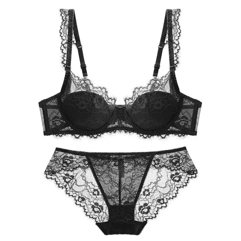 Lightly Lined Eyelash Lace Thin Cup Bra and Panties Set Underwear with Push Up Soft Comfortable Breathable Sexy Female Lingerie