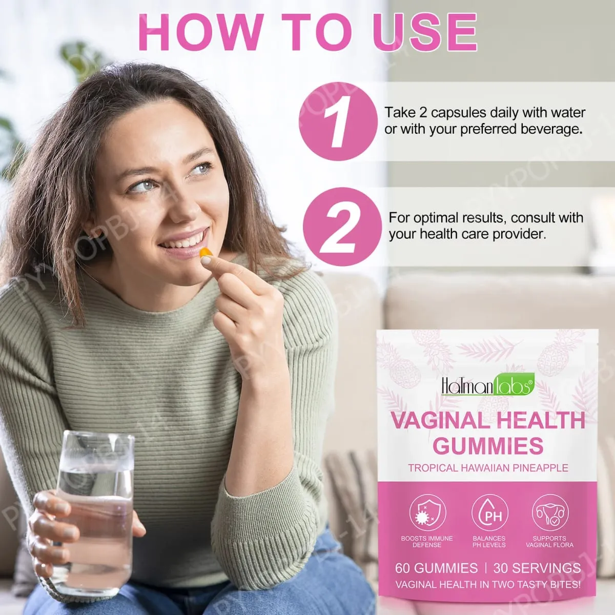 HolmanLabs Vaginális Egészségügyi gumicukor C-vitaminnal és probiotikumokkal támogatja a hüvelyflórát, segít kiegyensúlyozni a pH-szintet 60 gumicukor — image 6