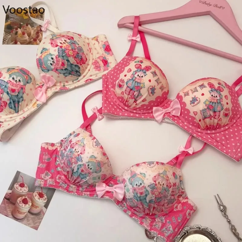 Japanese Sweet Lolita Style Women Cute Candy Rabbit Print Bra Panties Lingerie Set Girls Kawaii Underwear Panty Intimates Sets — image 2
