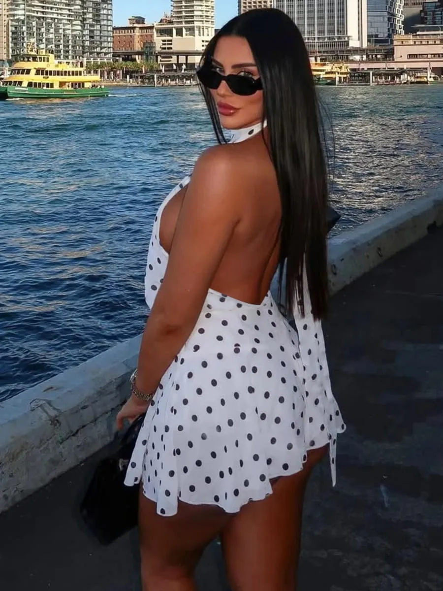 Hugcitar polka dot print halter sem mangas sem costas bandagem sexy magro mini vestido de verão moda feminina roupa festa férias — image 5