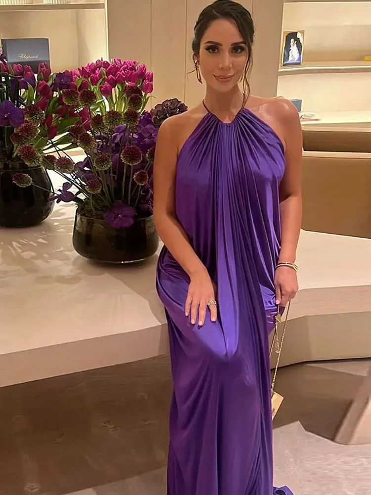 Estranho gato elegante ruched halter vestido mulher sexy sem mangas verão tendência de seda vestido magro robe férias banquete festa vestidos — image 2