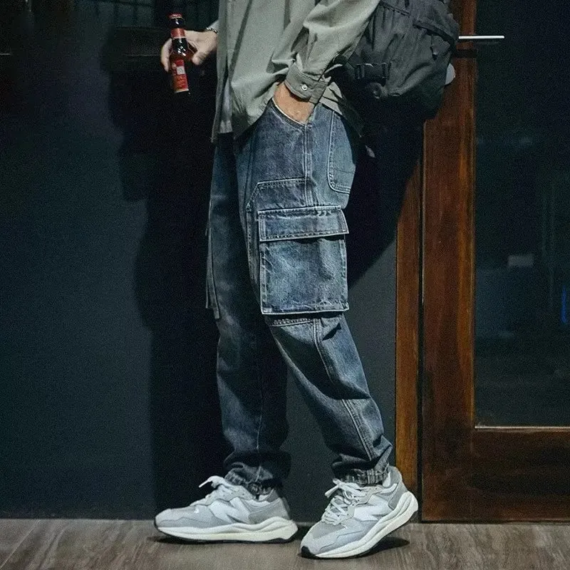 Denim Pant Men Jeans Vintage Wash Cargo Long Pants Loose High Waist Straight Trousers Pocket Y2k Streetwear Elegant Casual 2026
