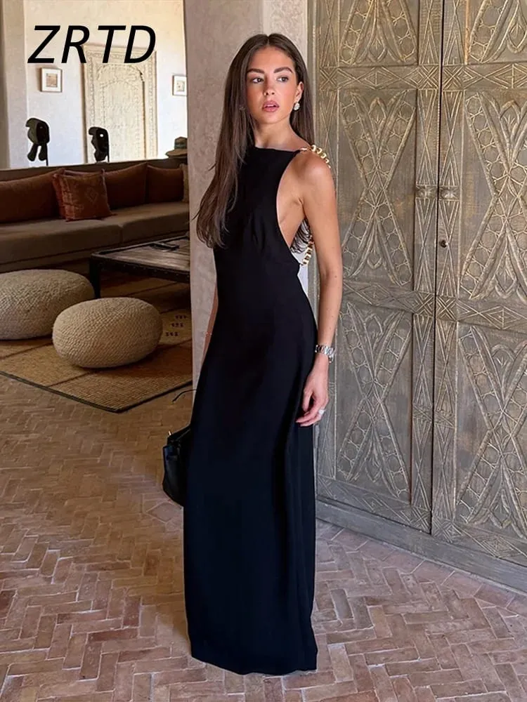 Elegant Beads Backless Black Women's Summer Dress Square Collar Sleeveless Beach Sling Sundress 2026 Lady Holiday Party Robes — image 1