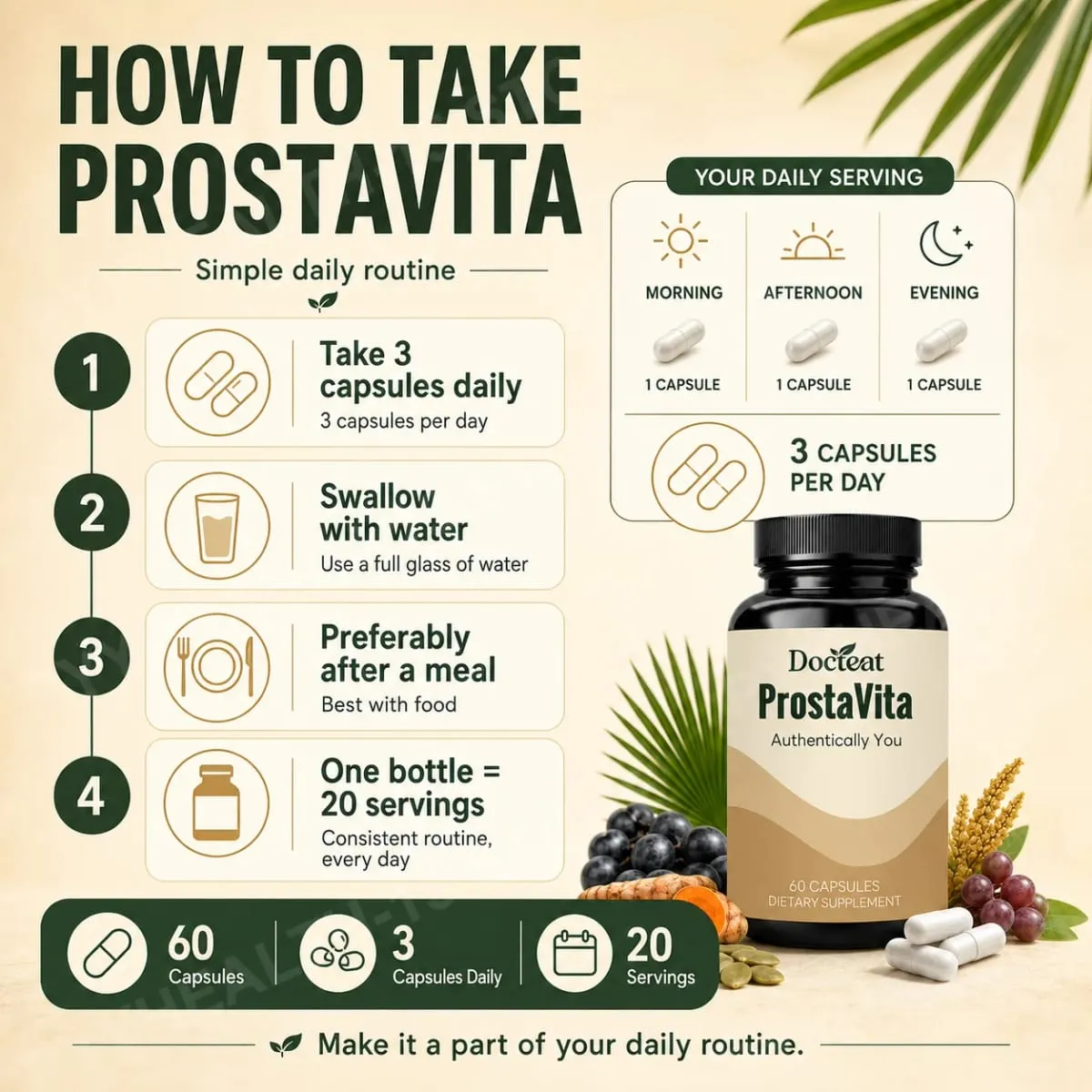 Docteat ProstaVita Men's Prostate Health Capsules with Beta-Sitosterol Saw Palmetto Pumpkin Seed and Lycopene 60 Count — image 5
