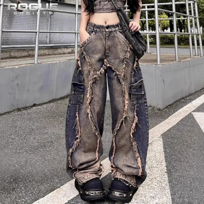Y2K Grunge Deconstructed Distressed Jeans Unisex Patchwork Washed Wide Leg Denim Pants Hip Hop Streetwear Harajuku Punk Trousers