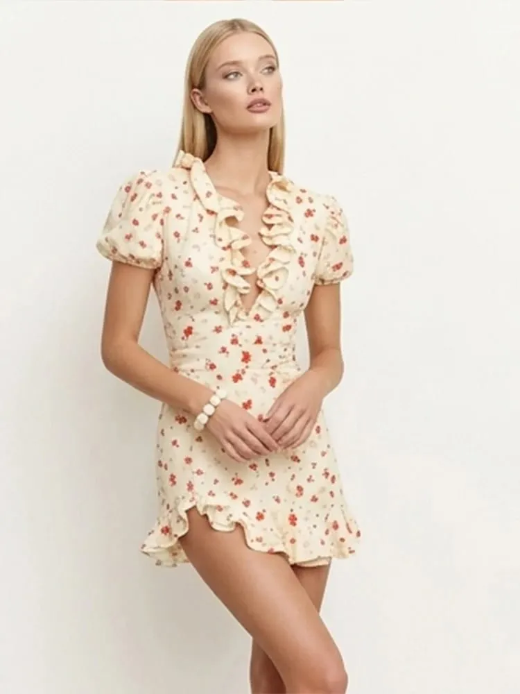 Sexy Print Ruffle Chiffon Mini Dress Women Chic Deep V-neck Long Puff Sleeve Cinched-waist Dresses 2026 Lady Vacation Party Robe — image 7