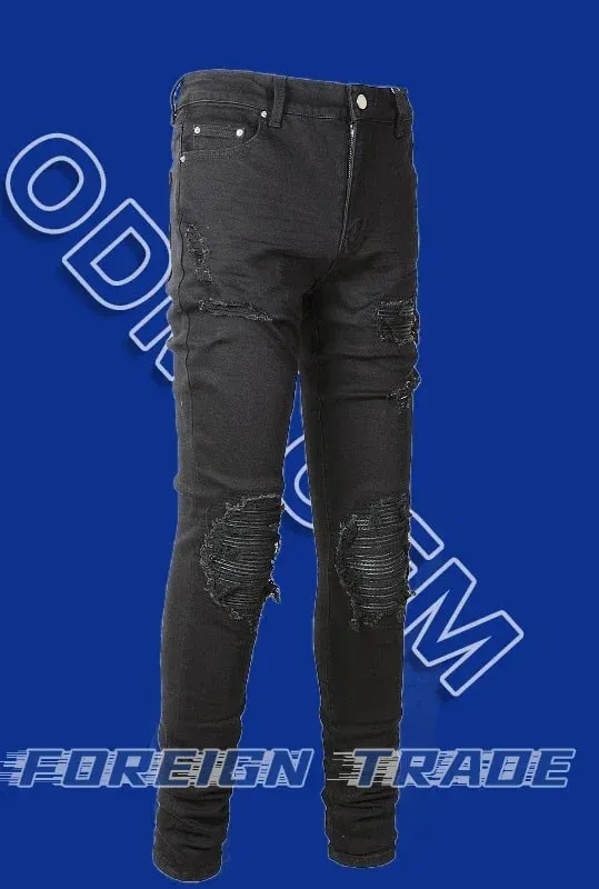 Skinny Hole farmerek férfiaknak Vintage ceruzanadrágok, egyenes bokáig érő nadrágok, mosott, szorongatott farmerek, 2024 őszi utcai viselet — image 3