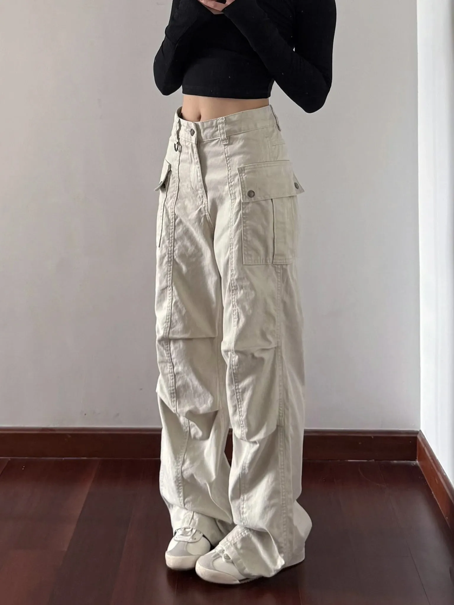 Retro American High Street Work Pants Light Beige Straight Leg Faded Casual Jeans Men Women High Waist Denim Fabric Wear Resi... — image 4