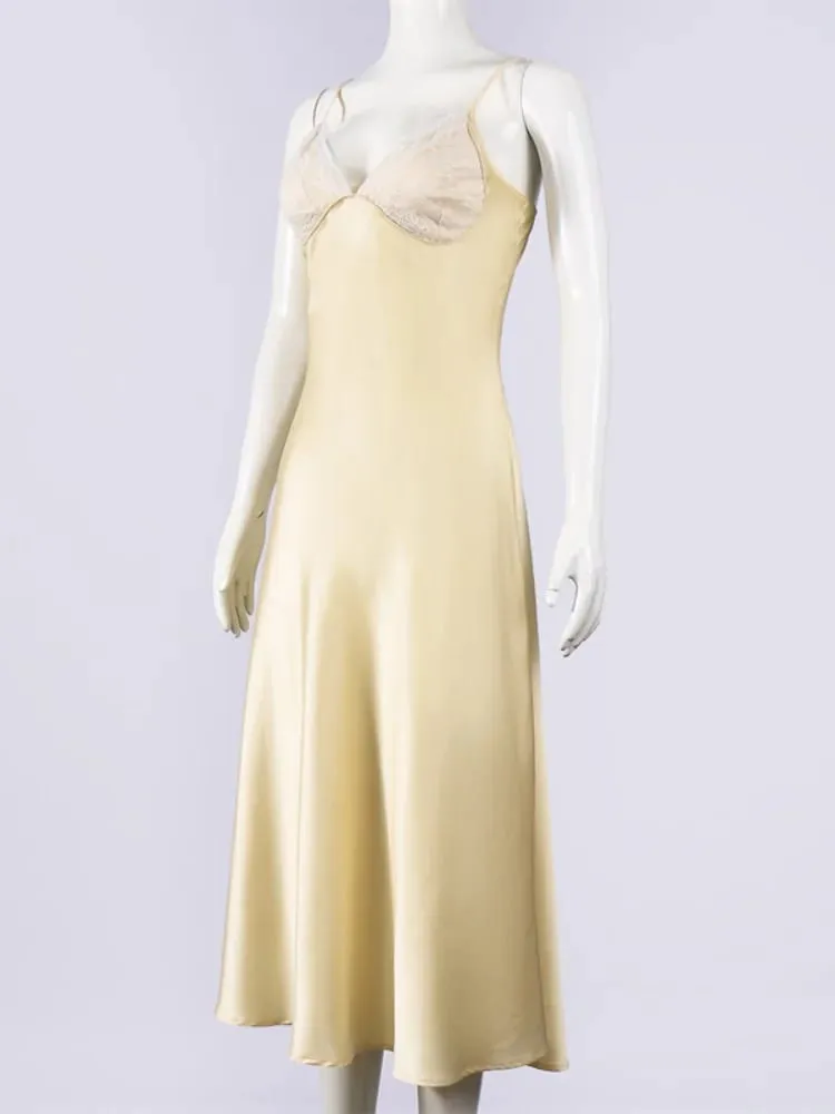 Sexy Yellow Satin Lace Patchwork Dress Spaghetti Strap Walang manggas na V Neck Bias Cut Pambabae Dresses 2026 Summer Evening Party Robe — image 6