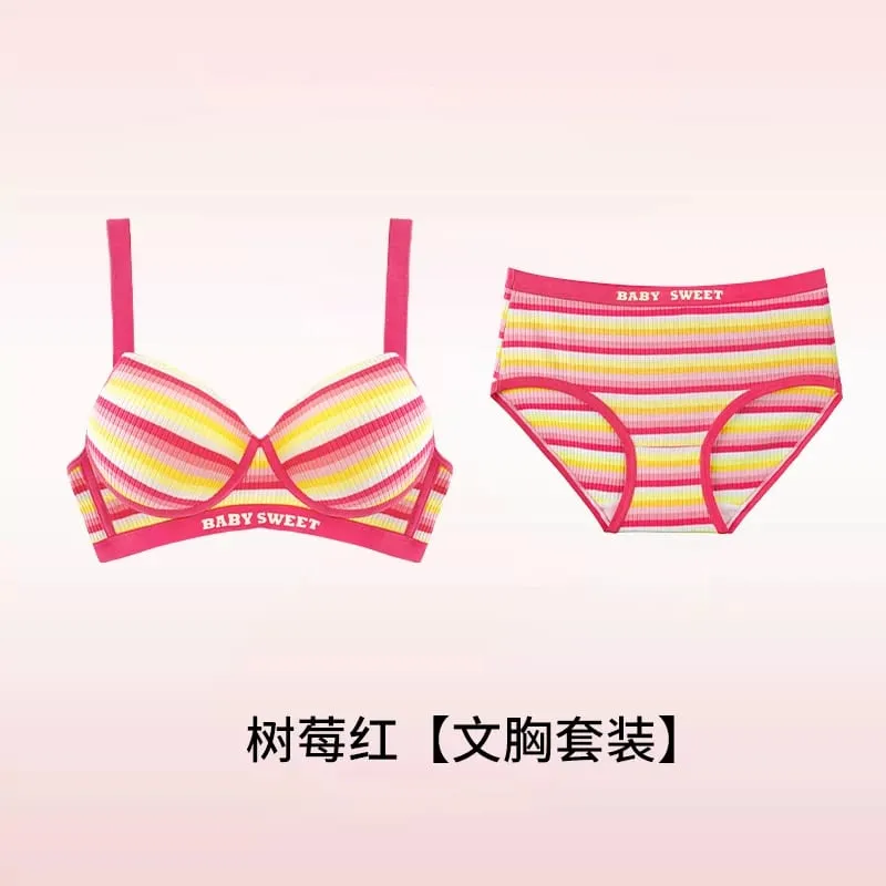 Stripe Women's Bra Set Gathered Anti-Sagging Small Chest Side Breast Reduction Underwear Cute Style Nylon — image 10