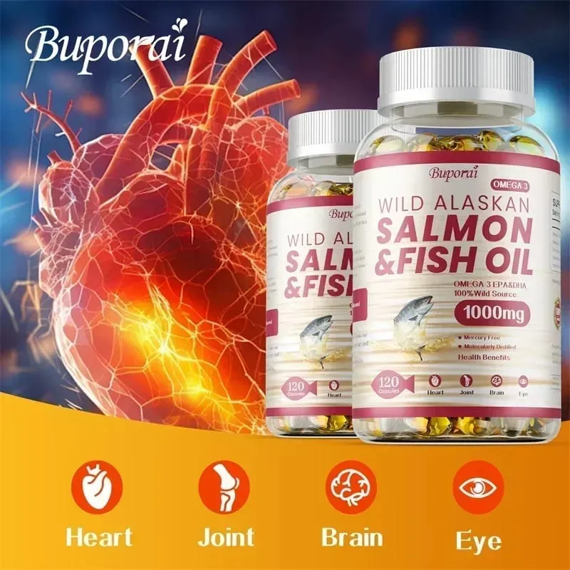 Óleo de peixe salmão - rico em EPA + DHA apoia a saúde das articulações, do cérebro e dos olhos, melhora a função imunológica e é antioxidante