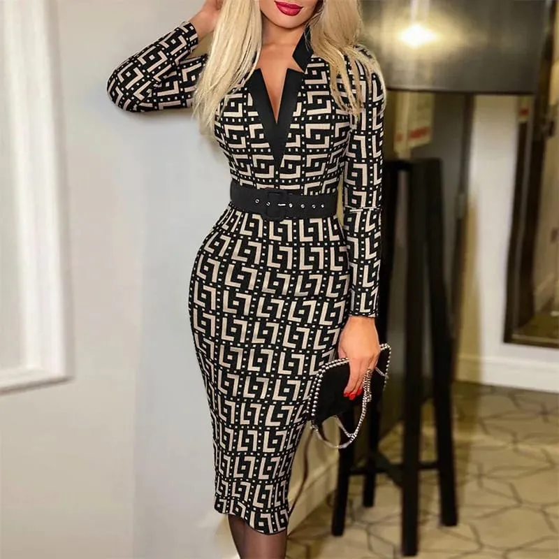Sexig geometriskt mönster för kvinnor med v-ringad midi pennklänning med bälte Långärmad stickad Bodycon-klänning Lämplig för alla årstider — image 7