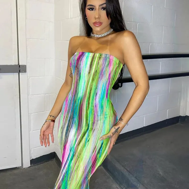 Vår/sommar kvinnors färgglada Tie Dye Print Off Shoulder Wrapped Chest Dress — image 12