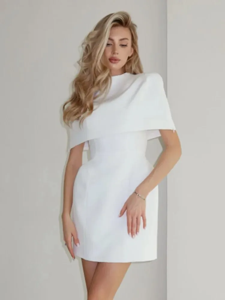 Solid Shawl A-line Dress Babae Elegant Round Neck Waist Cinching Slim Maikling Mini Dresses 2026 Lady Araw-araw na Party Evening Vestido — image 4