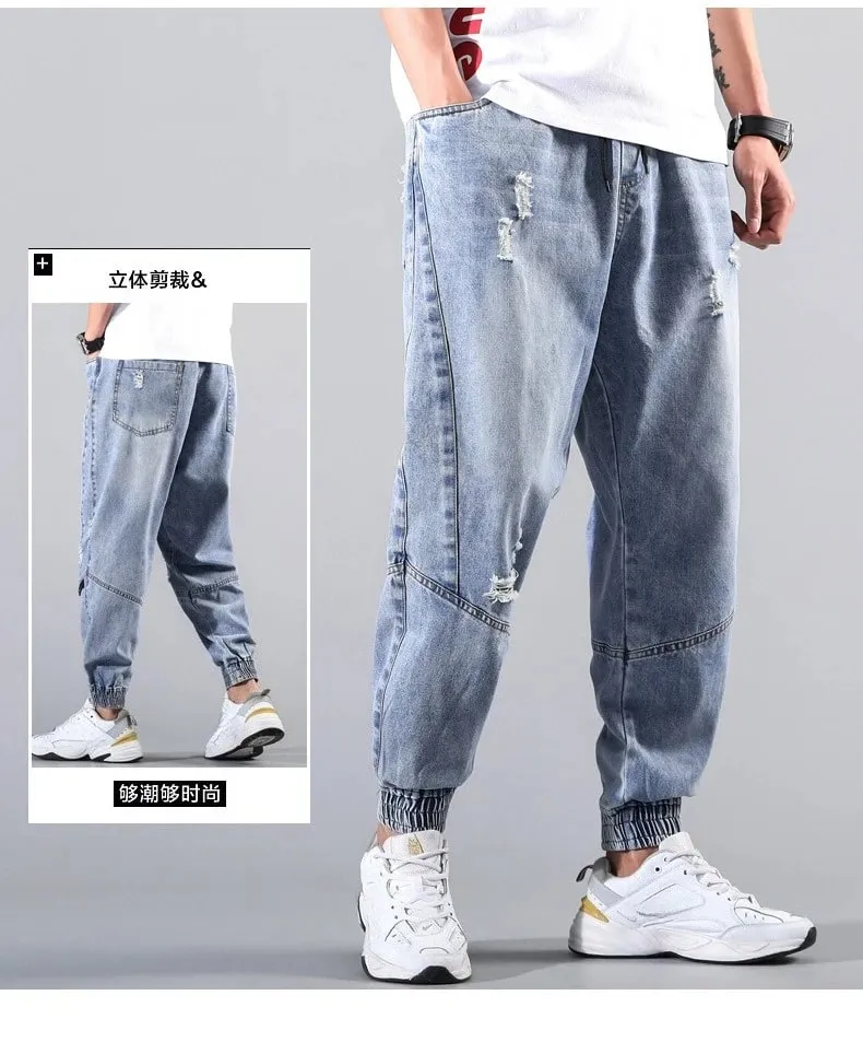 Street Elastic Jeans Men Denim Cargo Pants Wash Solid Color Multi Pockets Casual Mid Waist Trousers Daily Wear Joggers — image 4