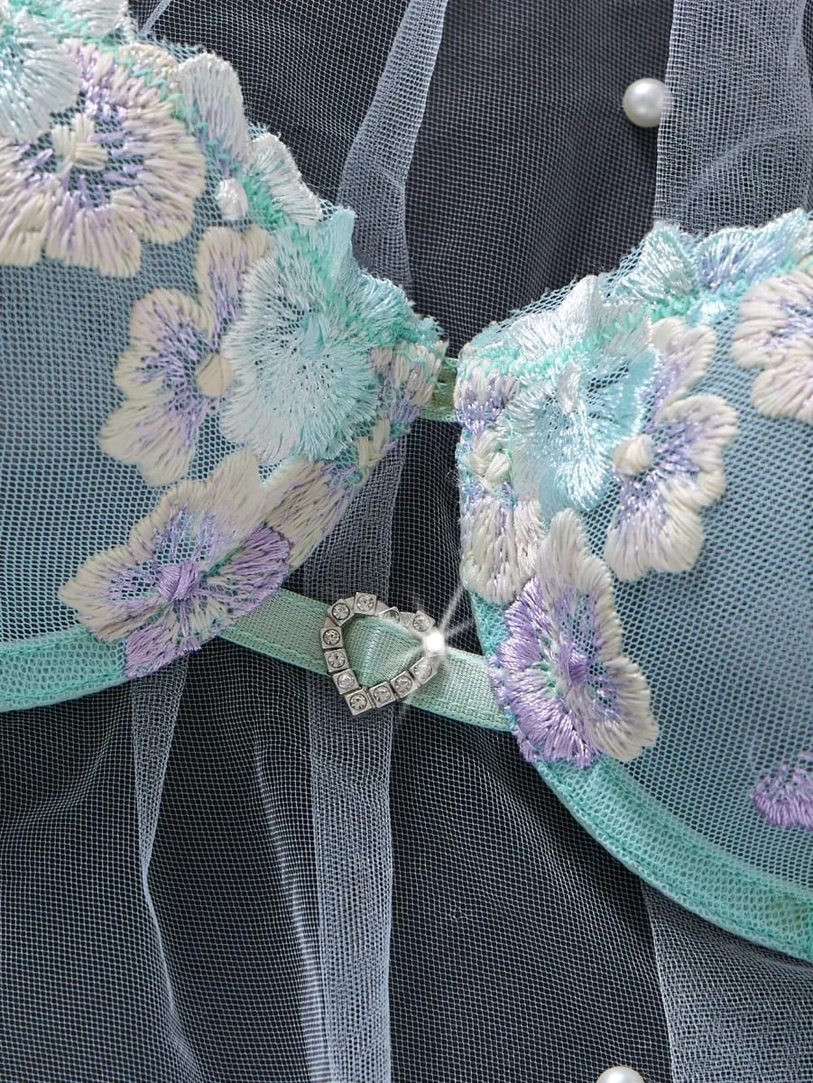 Feminino doce flor bordado conjunto de sutiã de renda com underwire malha transparente lado arco calcinha lingerie romântica S-XL tamanhos — image 4