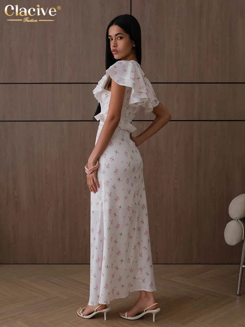 Clacive Sexy Loose Print Pambabaeng Dress 2026 Summer V-Neck Maikling Manggas Haba ng Bukong-bukong Dresses Elegant Classic Ruffles Pambabaeng Dress — image 4