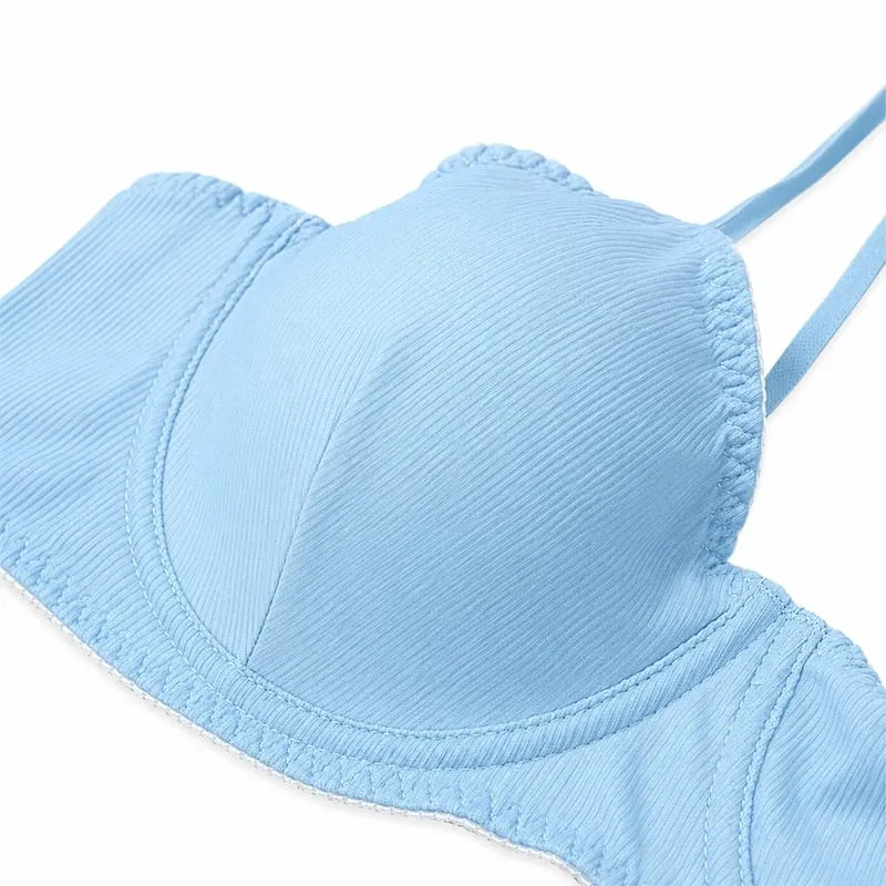 Conjunto de lingerie feminina sólida com nervuras, sutiã com copo fino, tanga de cintura baixa, macio, íntimo diário — image 4