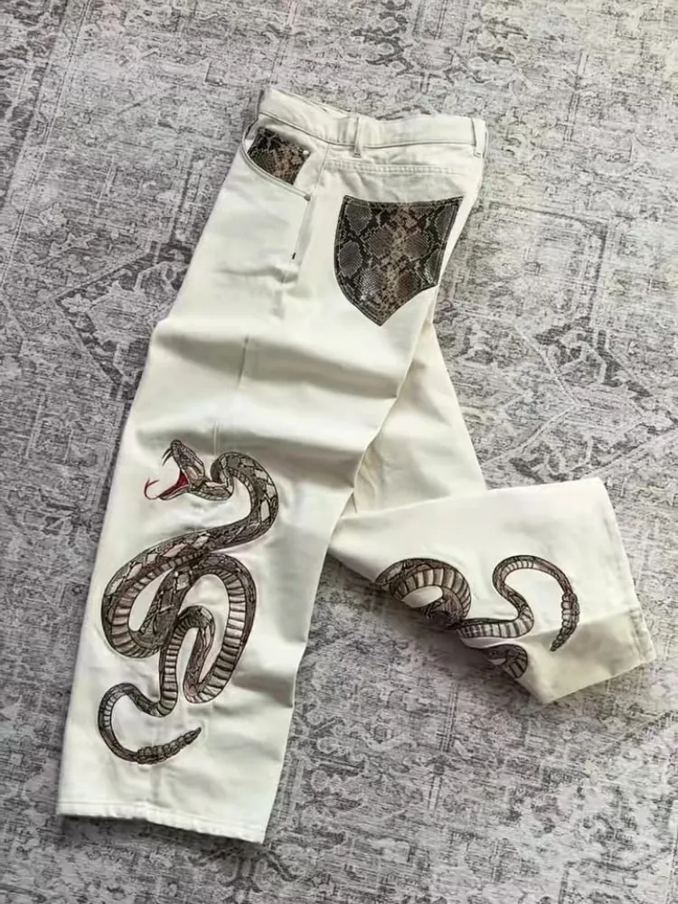 Streetwear Retro Snake Jeans Boa Embroidery Graphic Python Print Pocket Denim Pants Y2K Trend Unisex Baggy Straight Leg Pants — image 5