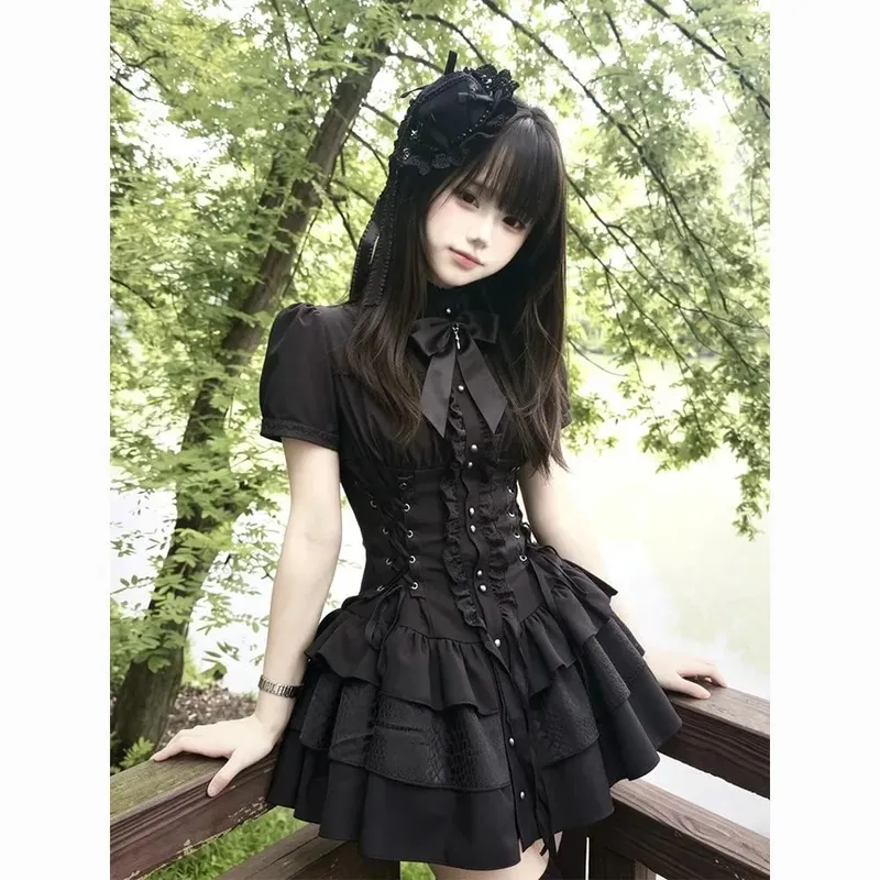 Gothic Vintage Spets Y2k Mini Klänning Dam Design Streetwear Svart Lolita Slim Klänning Långärmad Elegant Klänning Spicy Girls — image 4