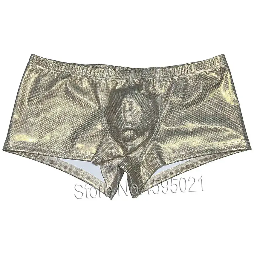 Cueca boxer masculina, roupa íntima com protuberância, calções quentes de couro metálico, calcinha esportiva brilhante, respirável, festa de banho de sol — image 2