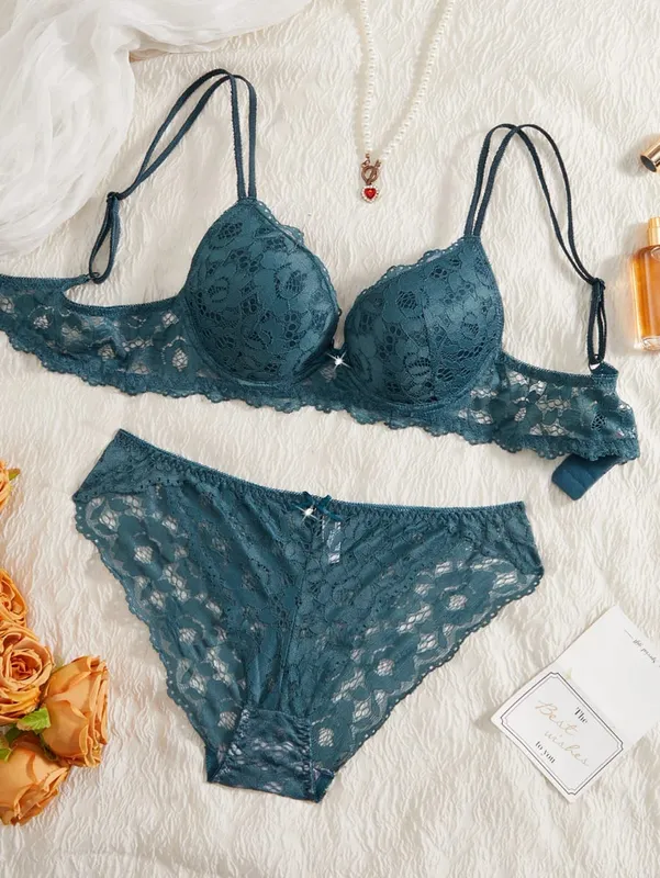 Women's Sexy Lingerie Set Lace Patchwork Solid Color Bowknot Rhinestone Embellished Push-Up Double Shoulder Strap Unlined Comfortable Underwear Lace Semi-Transparent Breathable Panties — image 8