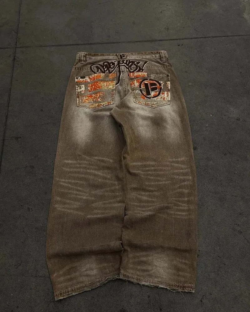 Y2K American Fashion New Oversize Letter Embroidered Yellow Washed Baggy Jeans Men Vintage Gothic Popular Casual Wide-leg Pants