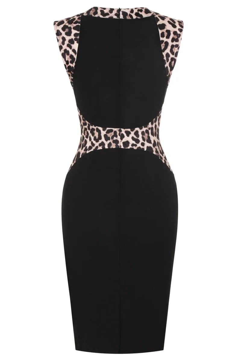 Womens Leopard Patchwork Crew Neck Sleeveless Cocktail Knee Length Business Casual Party Summer Pencil Bodycon Sheath Dress — image 2