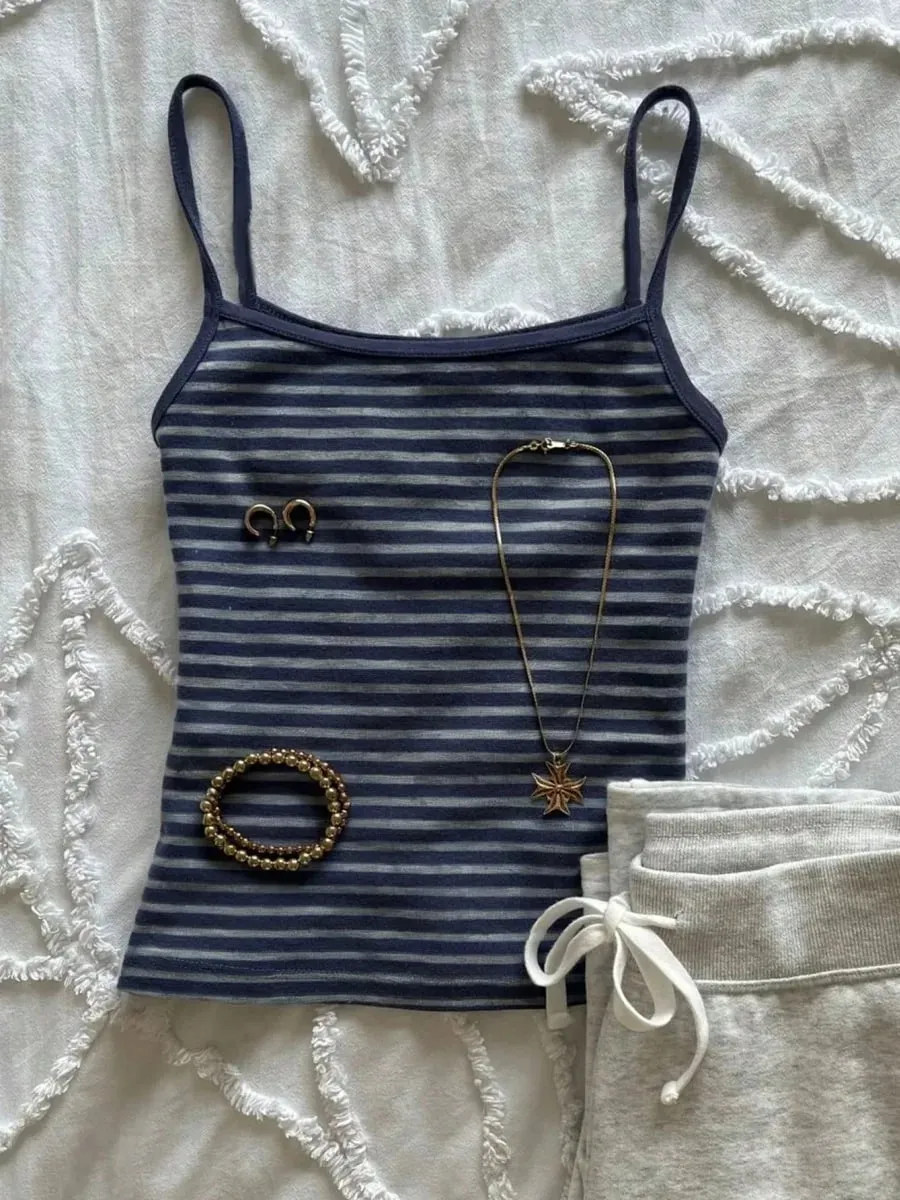 Women Striped Camisole Tank Top Summer Casual Slim Fit Sleeveless Navy Blue Basic Y2K Crop Top — image 2