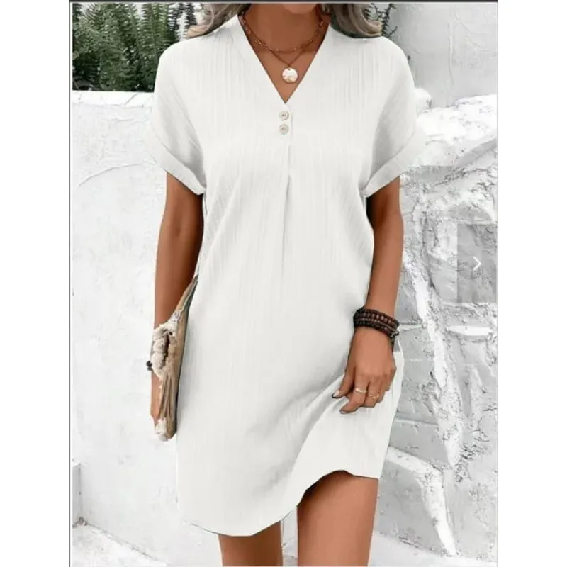 Women's Summer Solid Color Simple Short-Sleeve V-Neck Shirt Dress Comfortable Casual Elegant Loose-Fit Dress with Button Desig — image 10