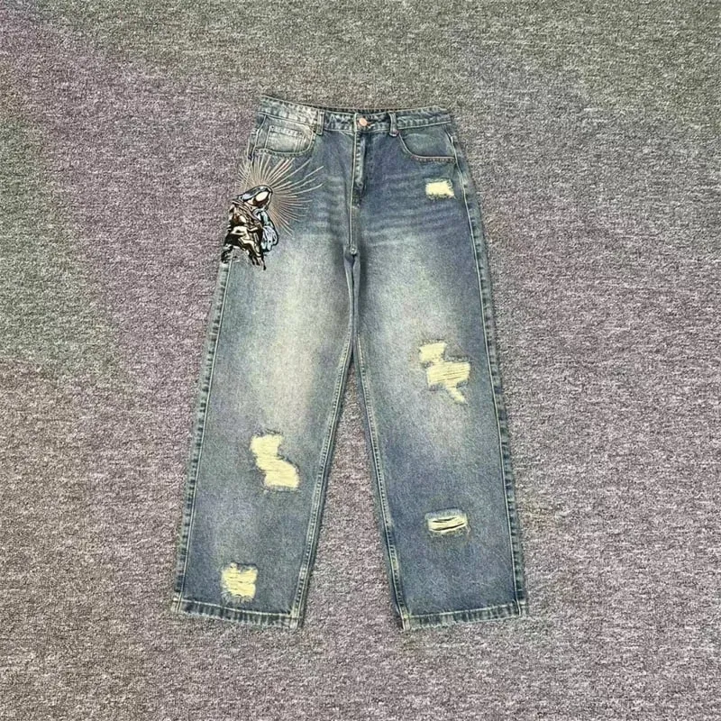 Heavy Embroidery Flowers Derschutze Mens Jeans Men Women 1:1 Best Quality Vintage Derschutze Womens Straight-leg Denim Pants — image 15