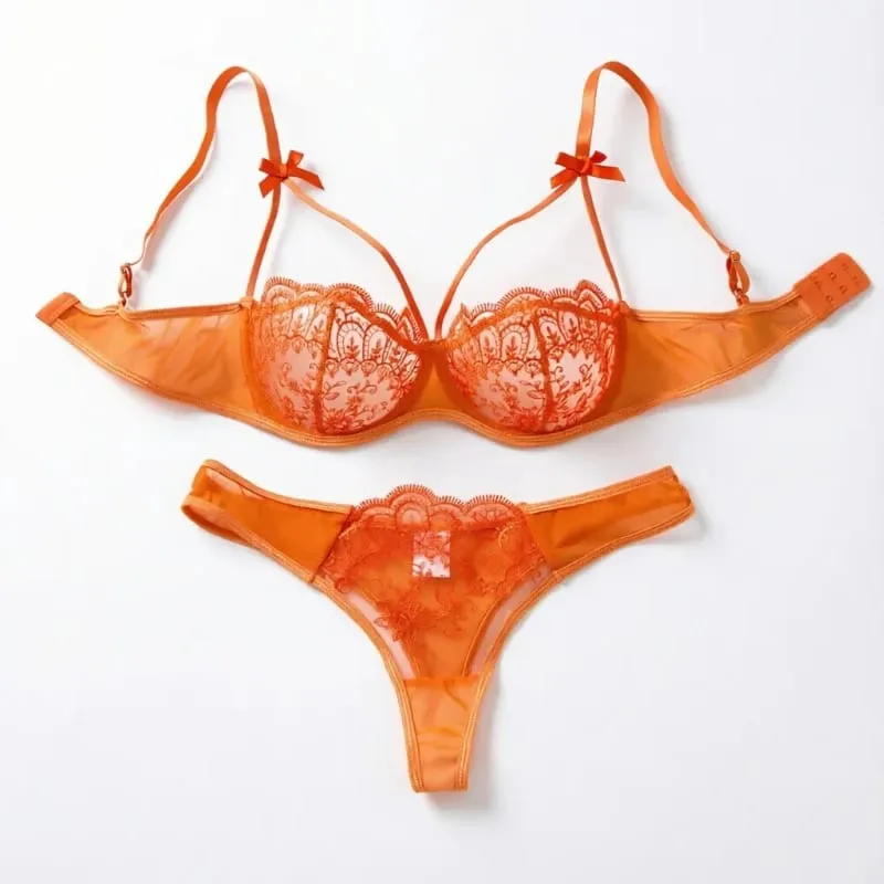 Sexig Orange Spets Underkläder Set Kvinnor Push Up BH och Trosa Set Butterfly Rosett Underkläder Kvinnliga Intimates Sovkläder — image 2