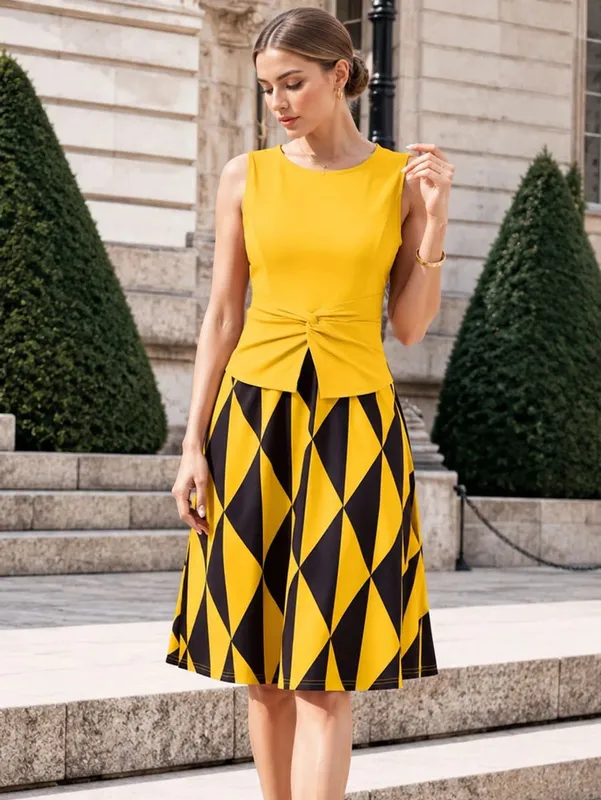 Womens Summer Twist Crew Neck Sleeveless Peplum Polka Dot Patchwork Casual Elegant Fit And Flare Party ALine Swing Dress — image 11