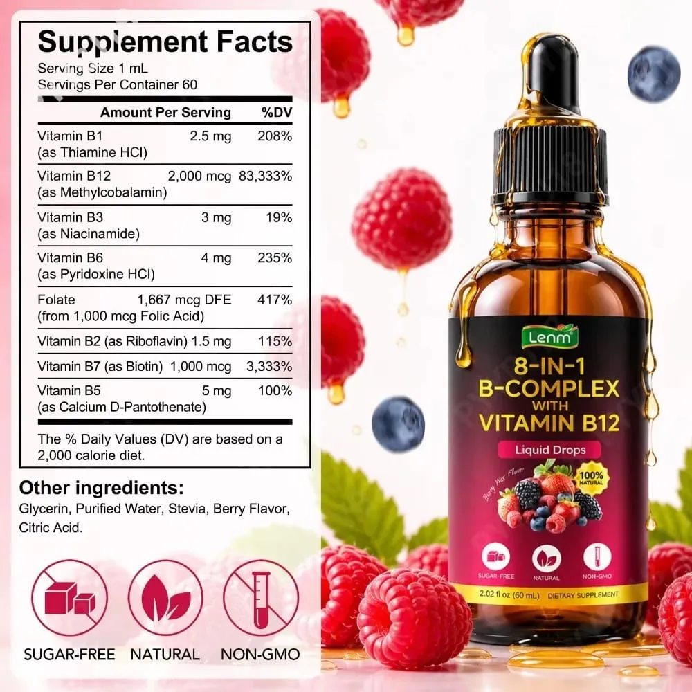 8-in-1 Vitamin B Complex Drops Maximum Absorption with Folate Vitamin B12 Supports Energy Focus Metabolism & Nervous Health 60ML — image 3