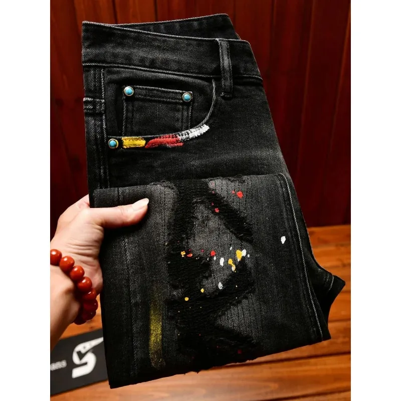High-End Vintage Ripped Jeans for Men Slim Fit Trendy Paint Print 2025 Autumn and winter casual trendy long pants — image 2