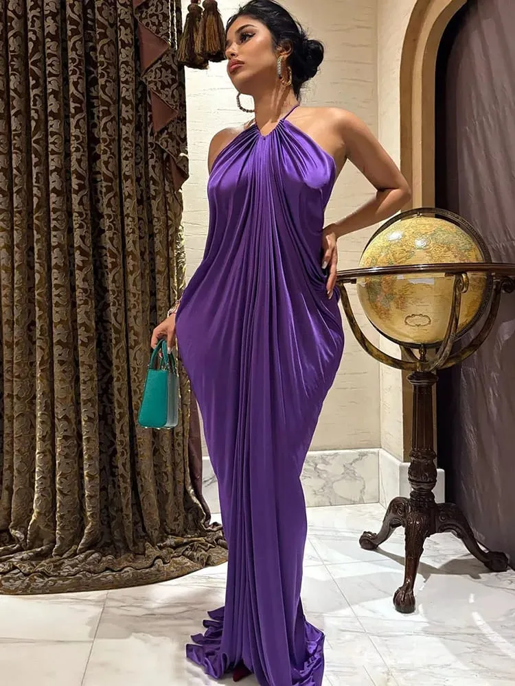 Estranho gato elegante ruched halter vestido mulher sexy sem mangas verão tendência de seda vestido magro robe férias banquete festa vestidos — image 4