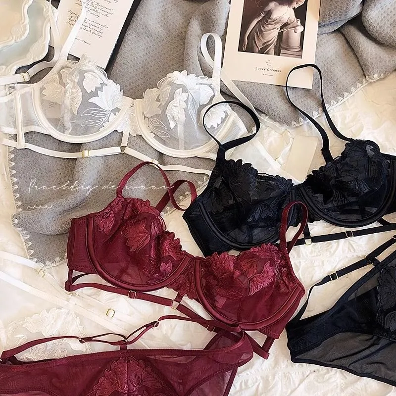Sexy Lace Women Bra Push Up Underwear Brassiere and Panties Set Female Comfortable Lightweight Bow Semi Transparent Lingerie — image 3