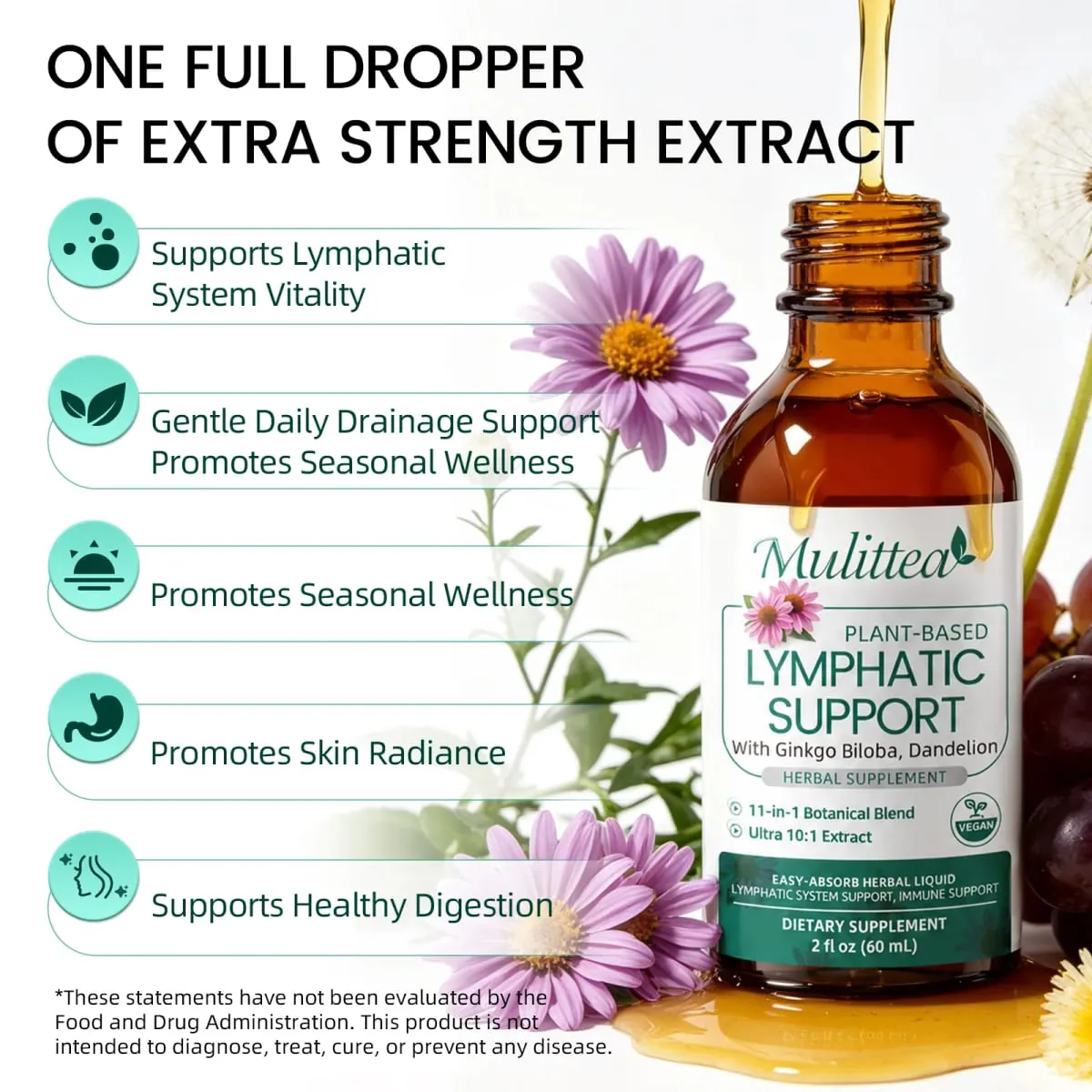 60ml Lymphatic Support Drops 11 in 1 Echinacea Extract Natural Herbs Supplement for Improves Fluid Circulation Enhances Immunity — image 2