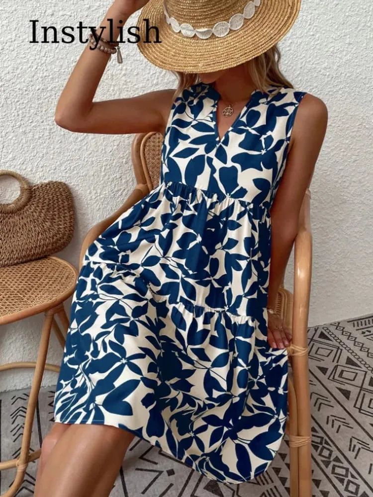 Mulheres boho impressão mini vestido de verão elegante sem mangas com decote em v plissado a linha vestido tanque casual solto oversize praia festa vestido de verão — image 6