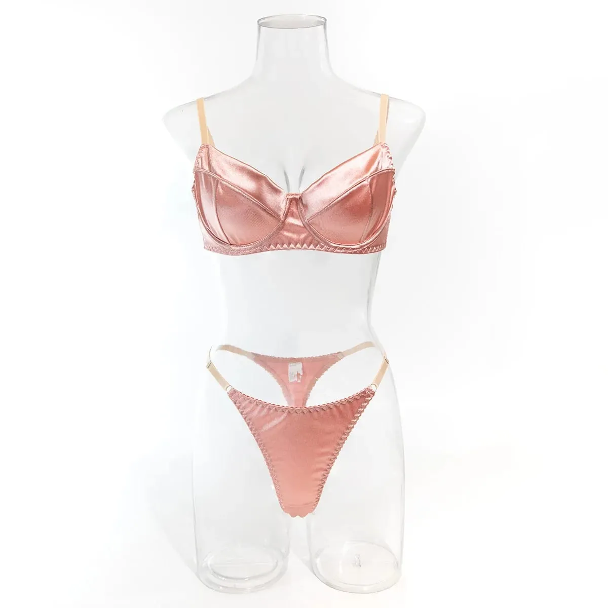 Sexig Lyxig Solid Satin Tunna Underkläder Girl's Sweet Gathering BH & stringset Kvinnliga Nytt Mode Eleganta underkläder Vardagsliv — image 2