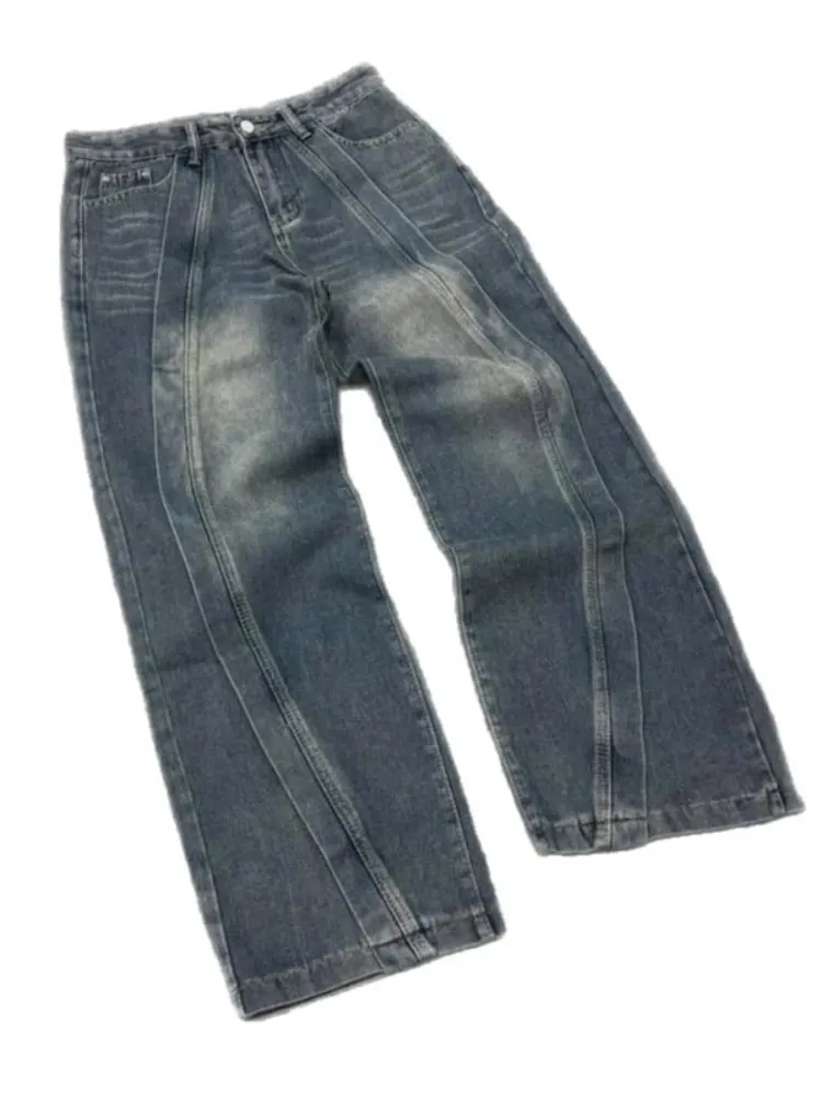 Mens Jeans American Vintage Streetwear Dark Blue Wide Leg Denim Pants Patchwork Contrast Stitch Washed Loose Fit Retro Fashion — image 6